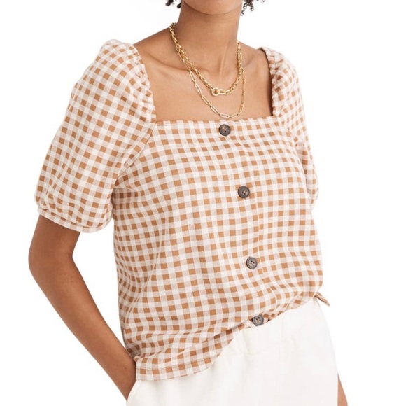 Madewell Gingham Jacquard Square Neck Puff Sleeve Top XS Saddle Brown - Picture 1 of 7